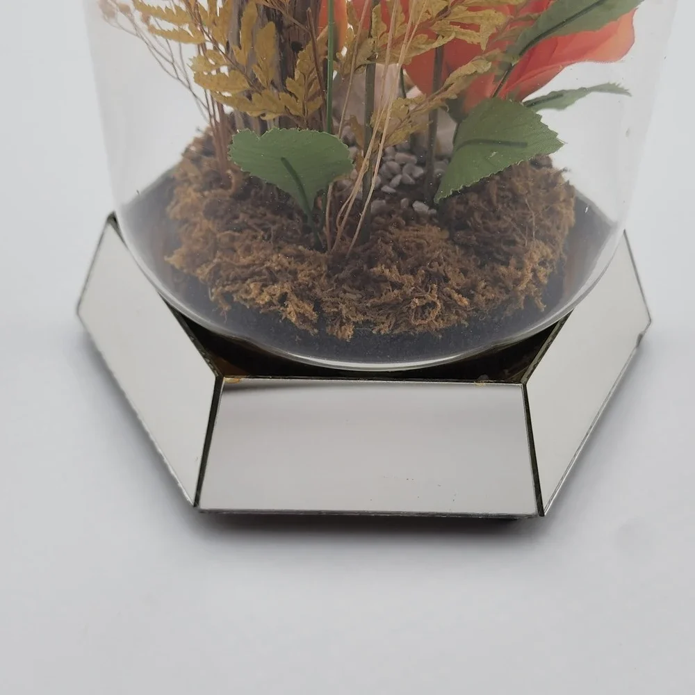 Vintage Glass Dome Floral Cloche with Butterfly Dried & Orange‎ Faux Flowers